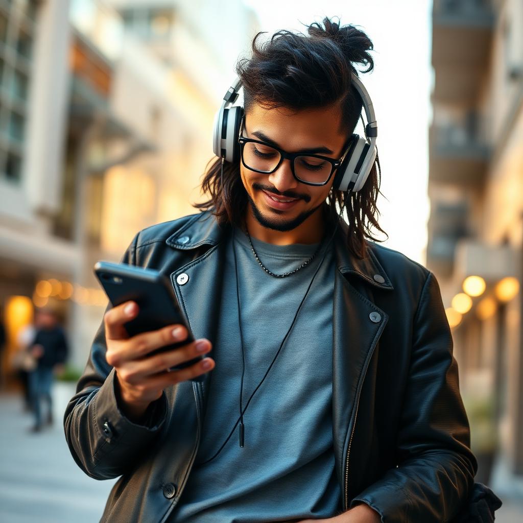 Modern learner with smartphone and headphones